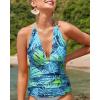 imageYonique Womens Halter Tankini Top No Bottom V Neck Swim Top Tummy Control Bathing Suit TopBlue Leaves