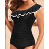imageYonique Womens One Shoulder Tankini Tops Ruffle Swim Tops Strapless Bathing Suit Tops No BottomsBlack With White
