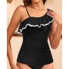 imageYonique Womens One Shoulder Tankini Tops Ruffle Swim Tops Strapless Bathing Suit Tops No BottomsBlack With White