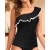 imageYonique Womens One Shoulder Tankini Tops Ruffle Swim Tops Strapless Bathing Suit Tops No BottomsBlack With White