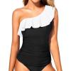 imageYonique Womens One Shoulder Tankini Tops Ruffle Swim Tops Strapless Bathing Suit Tops No BottomsPure Black and White