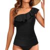 imageYonique Womens One Shoulder Tankini Tops Ruffle Swim Tops Strapless Bathing Suit Tops No BottomsBlack