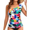 imageYonique Womens One Shoulder Tankini Tops Ruffle Swim Tops Strapless Bathing Suit Tops No BottomsColor Block
