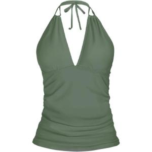 imageYonique Womens Halter Tankini Top No Bottom V Neck Swim Top Tummy Control Bathing Suit TopArmy Green