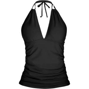 imageYonique Womens Halter Tankini Top No Bottom V Neck Swim Top Tummy Control Bathing Suit TopBlack