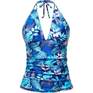 imageYonique Womens Halter Tankini Top No Bottom V Neck Swim Top Tummy Control Bathing Suit TopBlue Leaf