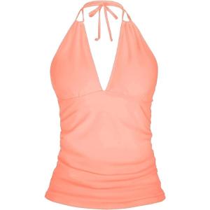 imageYonique Womens Halter Tankini Top No Bottom V Neck Swim Top Tummy Control Bathing Suit TopCoral Pink