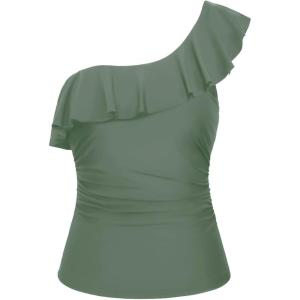 imageYonique Womens One Shoulder Tankini Tops Ruffle Swim Tops Strapless Bathing Suit Tops No BottomsArmy Green