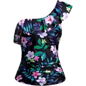 imageYonique Womens One Shoulder Tankini Tops Ruffle Swim Tops Strapless Bathing Suit Tops No BottomsBlack Floral