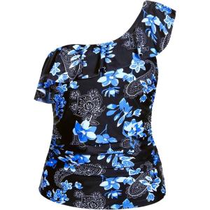 imageYonique Womens One Shoulder Tankini Tops Ruffle Swim Tops Strapless Bathing Suit Tops No BottomsBlue Flowers