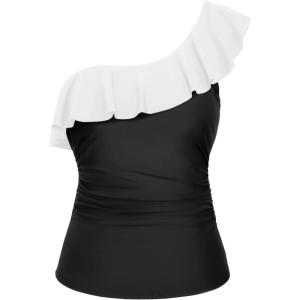 imageYonique Womens One Shoulder Tankini Tops Ruffle Swim Tops Strapless Bathing Suit Tops No BottomsPure Black and White