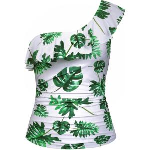 imageYonique Womens One Shoulder Tankini Tops Ruffle Swim Tops Strapless Bathing Suit Tops No BottomsWhite