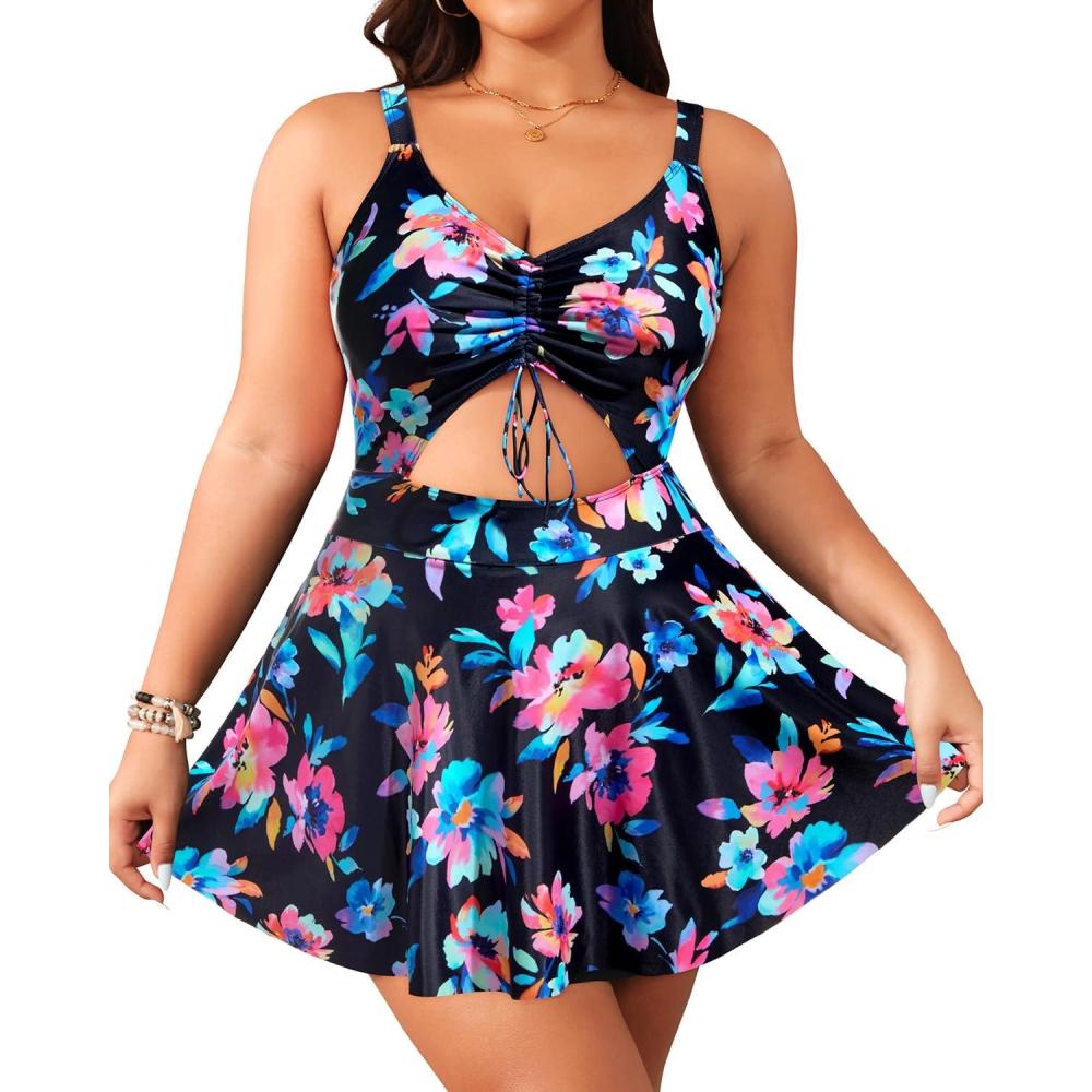 imageYonique Women Plus Size One Piece Swimsuits with Skirt V Neck Floral Printed Swimdress Cutout Bathing SuitsColorful Floral