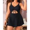 imageYonique Women Plus Size One Piece Swimsuits with Skirt V Neck Floral Printed Swimdress Cutout Bathing SuitsBlack