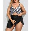 imageYonique Women Plus Size One Piece Swimsuits with Skirt V Neck Floral Printed Swimdress Cutout Bathing SuitsBlack Leaf Print