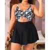imageYonique Women Plus Size One Piece Swimsuits with Skirt V Neck Floral Printed Swimdress Cutout Bathing SuitsBlack Leaf Print