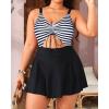 imageYonique Women Plus Size One Piece Swimsuits with Skirt V Neck Floral Printed Swimdress Cutout Bathing SuitsBlack White Stripe