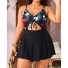 imageYonique Women Plus Size One Piece Swimsuits with Skirt V Neck Floral Printed Swimdress Cutout Bathing SuitsBlack and Floral