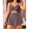 imageYonique Women Plus Size One Piece Swimsuits with Skirt V Neck Floral Printed Swimdress Cutout Bathing SuitsBrown