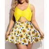 imageYonique Women Plus Size One Piece Swimsuits with Skirt V Neck Floral Printed Swimdress Cutout Bathing SuitsSunflower Yellow