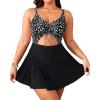 imageYonique Women Plus Size One Piece Swimsuits with Skirt V Neck Floral Printed Swimdress Cutout Bathing SuitsBlack  White Polka Dot