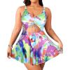 imageYonique Women Plus Size One Piece Swimsuits with Skirt V Neck Floral Printed Swimdress Cutout Bathing SuitsTie Dye