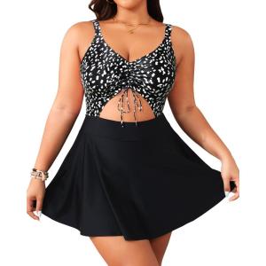 imageYonique Women Plus Size One Piece Swimsuits with Skirt V Neck Floral Printed Swimdress Cutout Bathing SuitsBlack  White Polka Dot