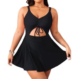 imageYonique Women Plus Size One Piece Swimsuits with Skirt V Neck Floral Printed Swimdress Cutout Bathing SuitsBlack