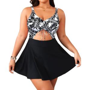 imageYonique Women Plus Size One Piece Swimsuits with Skirt V Neck Floral Printed Swimdress Cutout Bathing SuitsBlack Leaf Print