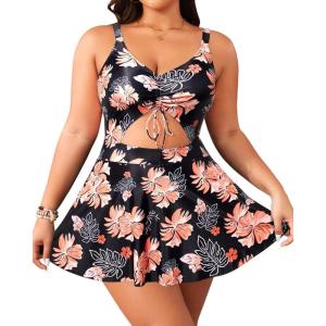 imageYonique Women Plus Size One Piece Swimsuits with Skirt V Neck Floral Printed Swimdress Cutout Bathing SuitsBlack Orange Floral