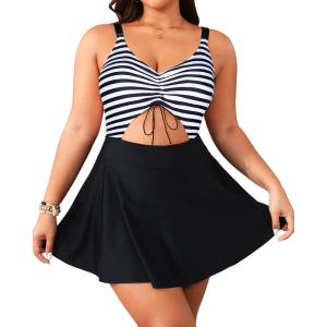 imageYonique Women Plus Size One Piece Swimsuits with Skirt V Neck Floral Printed Swimdress Cutout Bathing SuitsBlack White Stripe