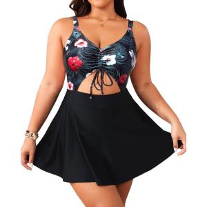 imageYonique Women Plus Size One Piece Swimsuits with Skirt V Neck Floral Printed Swimdress Cutout Bathing SuitsBlack and Floral