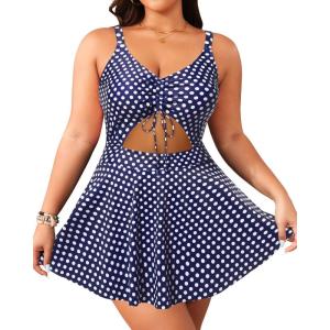 imageYonique Women Plus Size One Piece Swimsuits with Skirt V Neck Floral Printed Swimdress Cutout Bathing SuitsBlue Dots