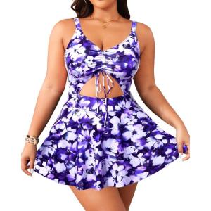 imageYonique Women Plus Size One Piece Swimsuits with Skirt V Neck Floral Printed Swimdress Cutout Bathing SuitsBlue Purple Floral