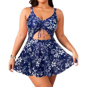 imageYonique Women Plus Size One Piece Swimsuits with Skirt V Neck Floral Printed Swimdress Cutout Bathing SuitsBlue and White Floral
