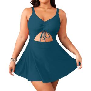 imageYonique Women Plus Size One Piece Swimsuits with Skirt V Neck Floral Printed Swimdress Cutout Bathing SuitsBluegreen
