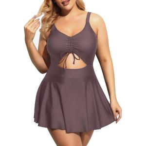 imageYonique Women Plus Size One Piece Swimsuits with Skirt V Neck Floral Printed Swimdress Cutout Bathing SuitsBrown