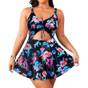 imageYonique Women Plus Size One Piece Swimsuits with Skirt V Neck Floral Printed Swimdress Cutout Bathing SuitsColorful Floral