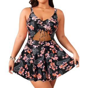 imageYonique Women Plus Size One Piece Swimsuits with Skirt V Neck Floral Printed Swimdress Cutout Bathing SuitsPink Floral
