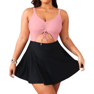 imageYonique Women Plus Size One Piece Swimsuits with Skirt V Neck Floral Printed Swimdress Cutout Bathing SuitsPink and Black