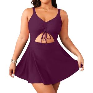 imageYonique Women Plus Size One Piece Swimsuits with Skirt V Neck Floral Printed Swimdress Cutout Bathing SuitsPurple