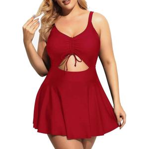imageYonique Women Plus Size One Piece Swimsuits with Skirt V Neck Floral Printed Swimdress Cutout Bathing SuitsRed