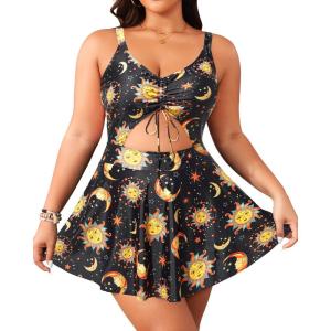 imageYonique Women Plus Size One Piece Swimsuits with Skirt V Neck Floral Printed Swimdress Cutout Bathing SuitsSun Stars and Moon Print