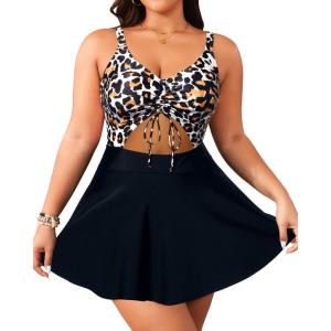 imageYonique Women Plus Size One Piece Swimsuits with Skirt V Neck Floral Printed Swimdress Cutout Bathing SuitsWhite Leopard