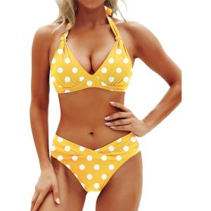 imageYonique Women Two Piece Bathing Suits Push Up Bikini Set Halter Swimsuit Vintage SwimwearYellow Retro Dot