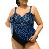 imageYonique Women Plus Size 2 Piece Tankini Swimsuits Ruched Bathing Suits Peplum Swimwear Scalloped SwimsuitsBlue Leopard