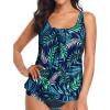 imageYonique Womens Blouson Tankini Top No Bottom Loose Fit Swim Top Modest Tank TopBlue and Leaves