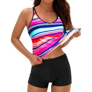 imageYonique 2 Piece Tankini Swimsuits for Women with Boy Shorts Athletic Swim Tank Top Bathing SuitsColorful Striped 02