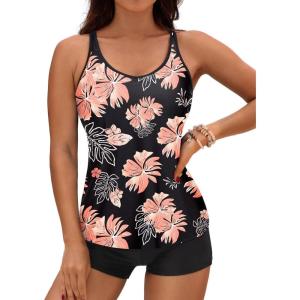 imageYonique 2 Piece Tankini Swimsuits for Women with Boy Shorts Athletic Swim Tank Top Bathing SuitsOrange Floral  Black