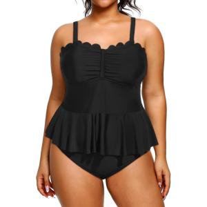 imageYonique Women Plus Size 2 Piece Tankini Swimsuits Ruched Bathing Suits Peplum Swimwear Scalloped SwimsuitsBlack